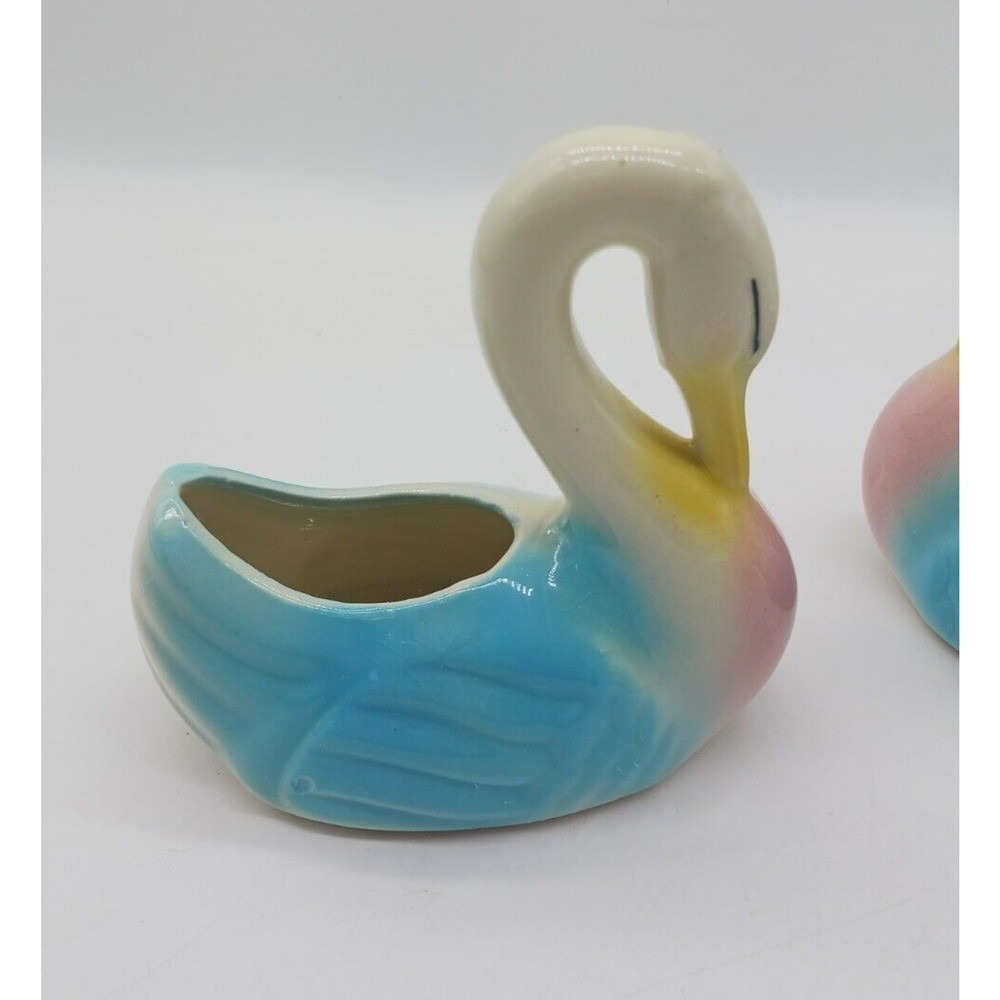 Lovely MCM Pair Set 2 Swan Planters Yellow Blue Pink Ceramic Mid Century Vintage - Picture 9 of 13